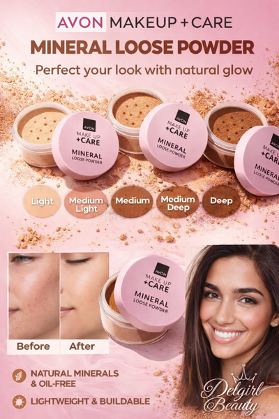 Avon Make Up and Care Mineral Loose Powder shades light medium deep natural glow oil free lightweight powder