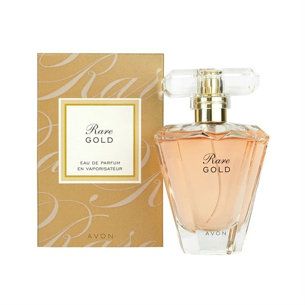 Avon Rare Gold perfume bottle and packaging on a white background
