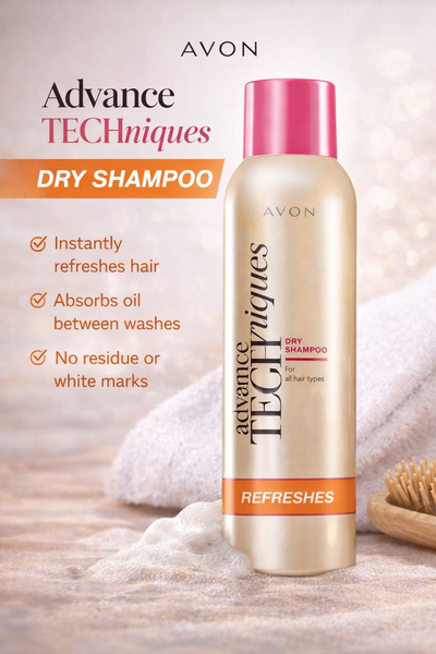 Avon Advance Techniques Dry Shampoo refreshes hair absorbs oil no white residue between washes