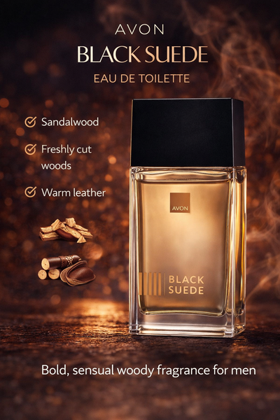 Avon Black Suede Eau de Toilette woody leather fragrance for men sandalwood masculine scent