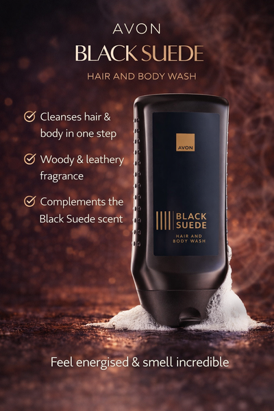 Avon Black Suede Hair and Body Wash men’s 2 in 1 shower gel woody leather fragrance cleansing wash
