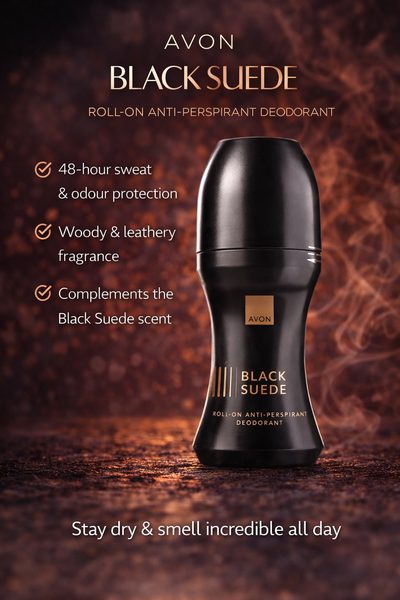Avon Black Suede Roll-On Anti-Perspirant deodorant for men 48 hour protection woody leather fragrance