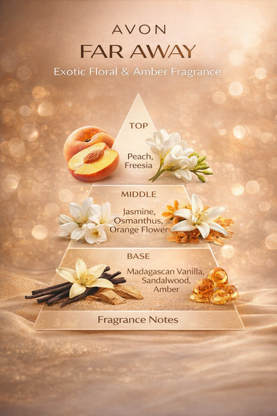 Avon Far Away perfume fragrance notes pyramid peach freesia jasmine vanilla amber sandalwood scent profile