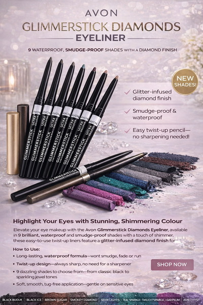 Avon Glimmerstick Diamonds Eyeliner waterproof shimmer eye pencil smudge proof twist up eyeliner multiple shades