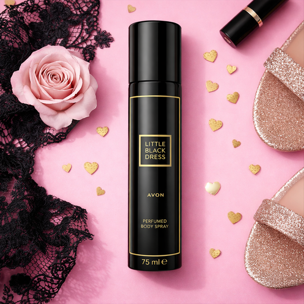 Avon Little Black Dress Body Spray 75ml black and gold bottle on white background