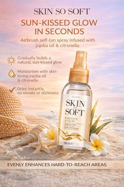 Avon Skin So Soft Enhance and Glow airbrush self tan spray with citronella and jojoba oil sun kissed glow tanning spray 150ml