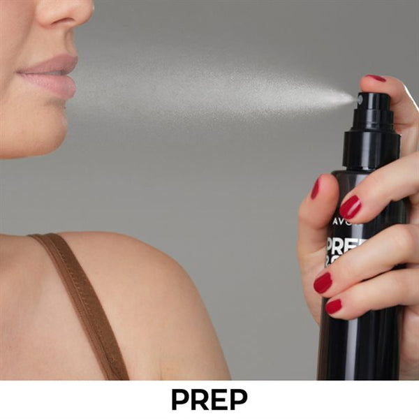 Applying Avon Prep and Set Spray to set makeup and prep skin