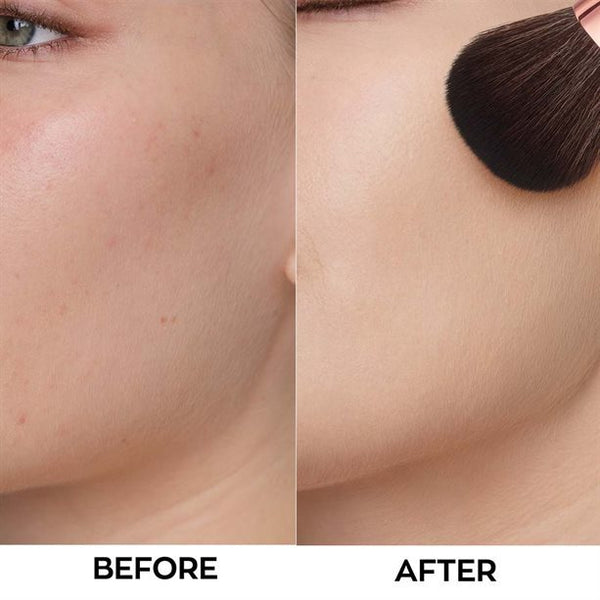 before and after Avon mineral loose powder smooth skin finish reduces shine evens complexion