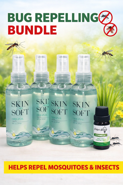 Four bottles of Avon Skin So Soft Original Dry Oil Spray with a small citronella oil bottle for outdoor protection