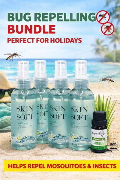 Four bottles of Avon Skin So Soft Original Dry Oil Spray with a small citronella oil bottle for outdoor protection